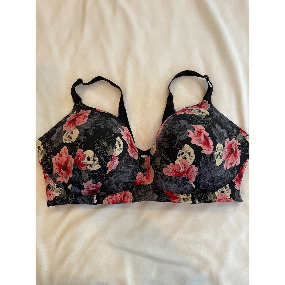 Torrid Curve Wireless Bra 44DDD Black Floral Skull Print Padded Smooth Back